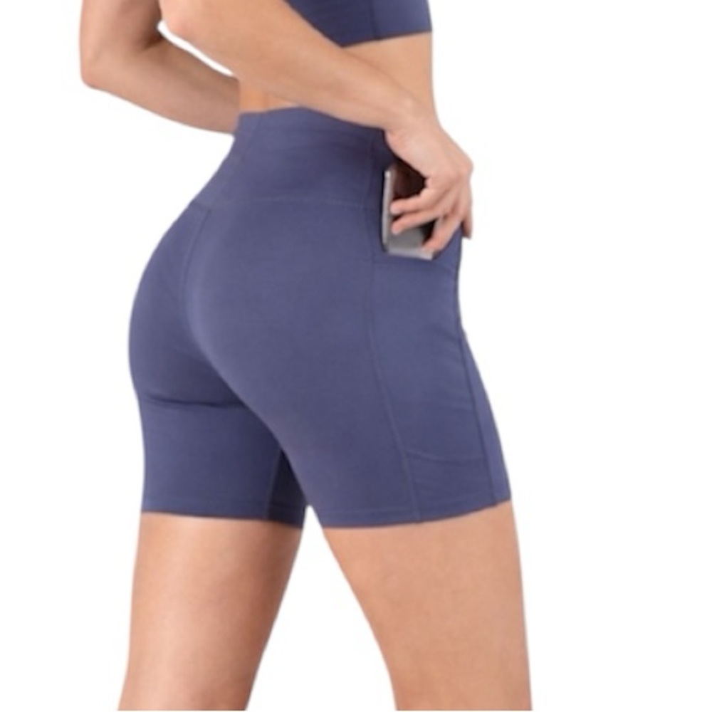 High Waist Performance Biker Shorts Slate Blue Athletic Workout Pocket Size M